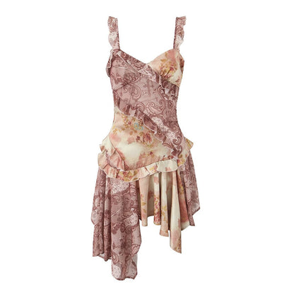 Vintage Print Asymmetrical Hem Mini Dress Sexy Spaghetti Strap Bodycon