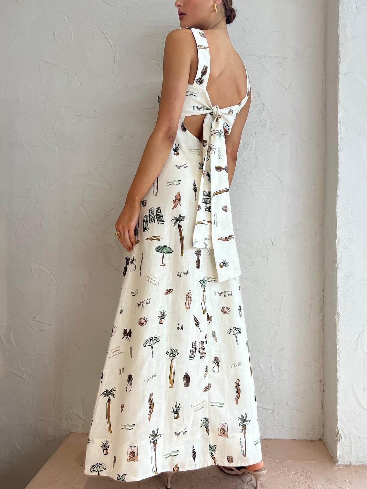 Square Neck Wide Strap Illustrated Resort Graphic Pocket A-Line Maxi Dress
