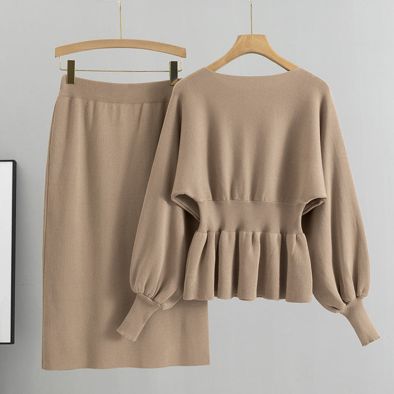 Khaki - Long-Sleeve Bodycon Skirt Two Piece Set