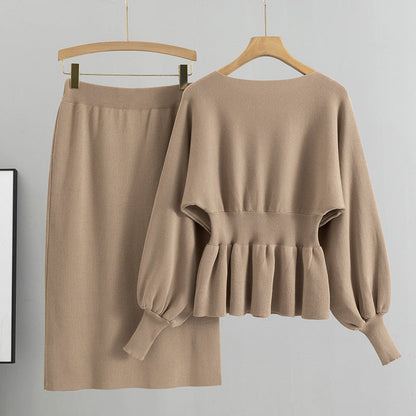 Khaki - Long-Sleeve Bodycon Skirt Two Piece Set