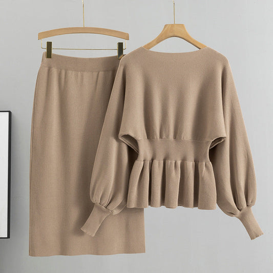 Khaki - Long-Sleeve Bodycon Skirt Two Piece Set