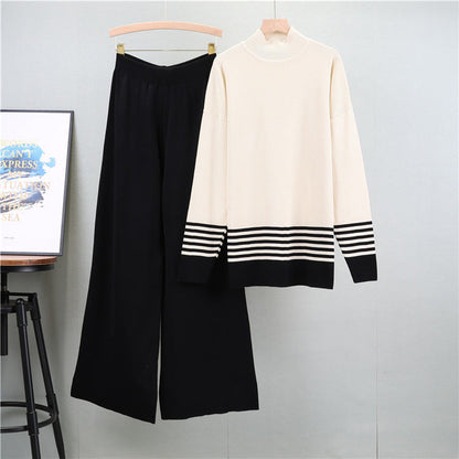 Black - Striped Half-Turtleneck Sweater Two Piece Set
