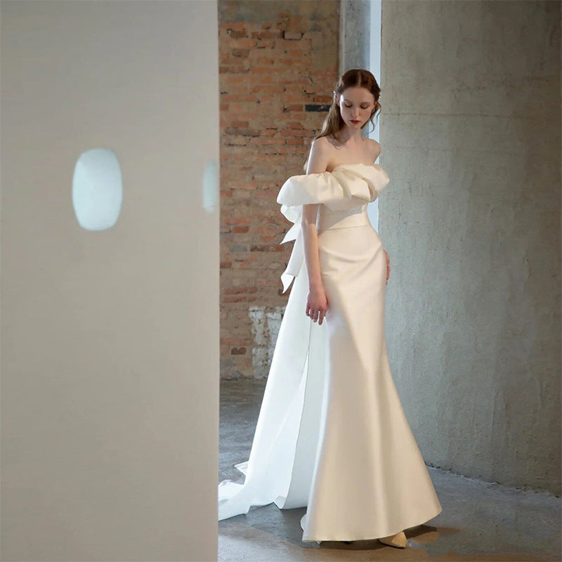 Off-Shoulder Satin Slim Wedding Dress