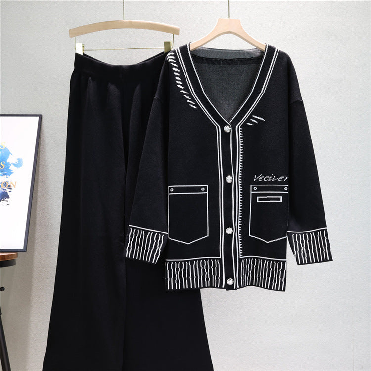 Black Mid-Length Knitted Wide-Leg Two Piece Set