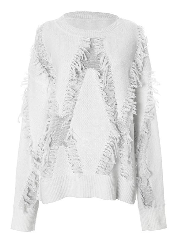 Fringed Textured Oversized Knit Sweater