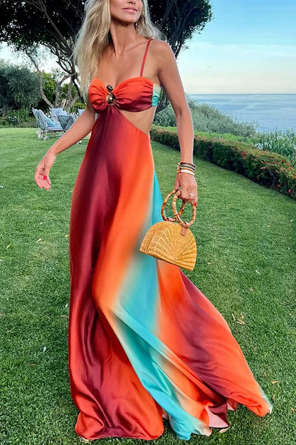 Queen Neon Sunset Printed Metal Decor Sexy Hollow Back Lace Holiday Long Dress