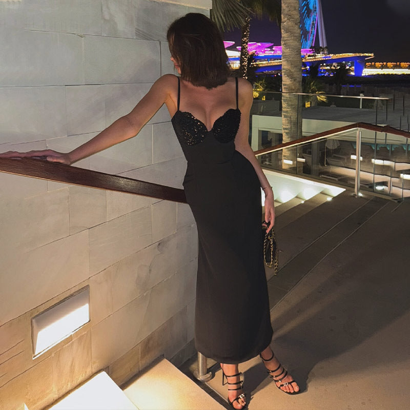 Sweetheart Neck Spaghetti Strap Sequin Embellished Waist Fitted Midi Dress