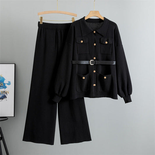 Black - Fashionable & Comfortable Lapel Two Piece Set