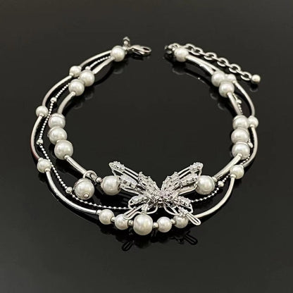 Layered faux pearl butterfly decor choker necklace