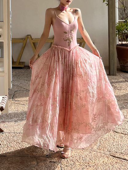 Rosé Gold Fantasy Rococo-Inspired Dress Embroidered Pleated Maxi Gown gunne sax vintage dress