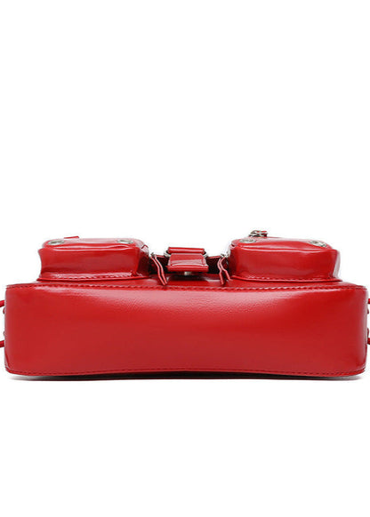 Crimson Utility Buckle Shoulder Bag – Multi-Pocket Street Style