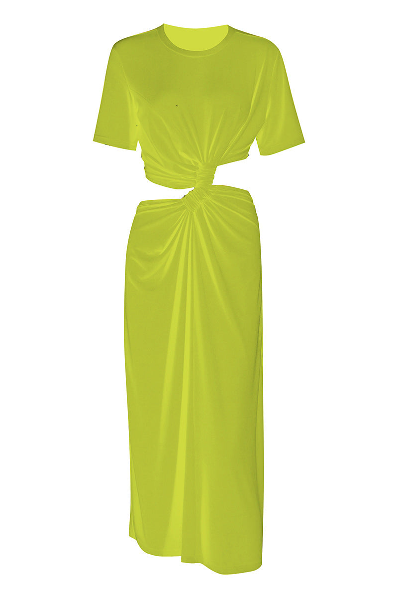 Crew Neck Short Sleeve Twist Front Waist Cutout Draped Midi Dress