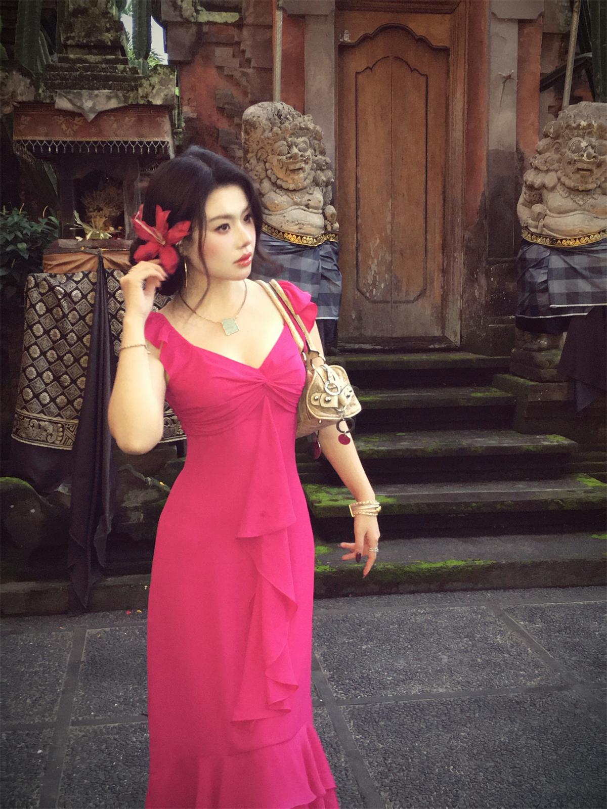 Soft Bloom Rose Midi Romantic Hot Pink Dress with Elegant Silhouette