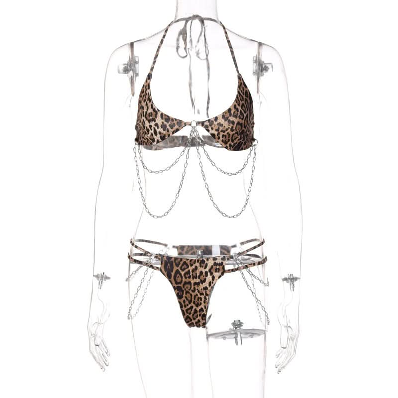 Halter self tie leopard print u neck metal chain pant set