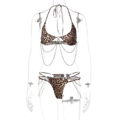 Halter self tie leopard print u neck metal chain pant set
