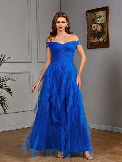 Off Shoulder Sweetheart Ruched Criss Cross Tiered Ruffle Tulle Maxi Gown