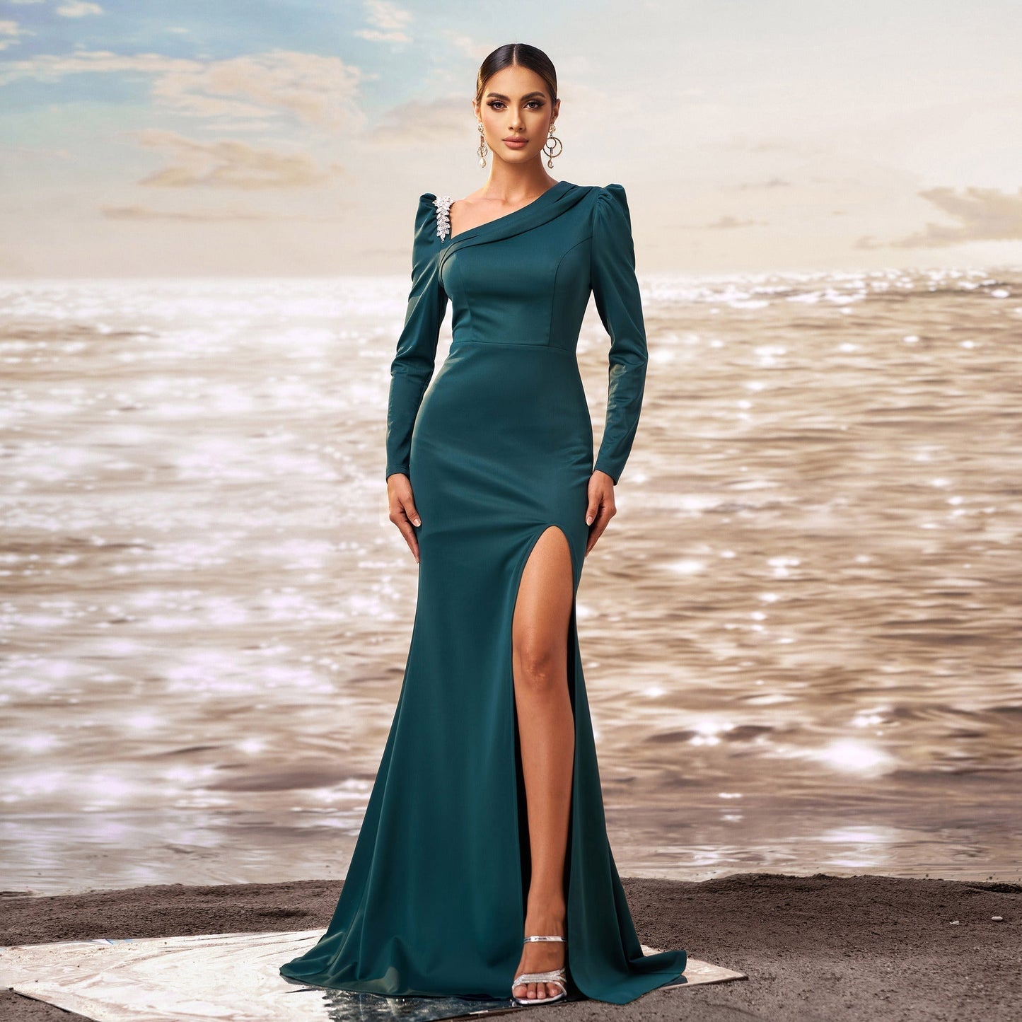 Asymmetrical One Shoulder Brooch Detail Long Sleeve Thigh Slit Mermaid Hem Maxi Gown