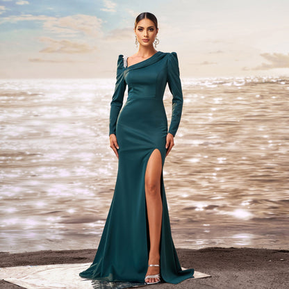 Asymmetrical One Shoulder Brooch Detail Long Sleeve Thigh Slit Mermaid Hem Maxi Gown