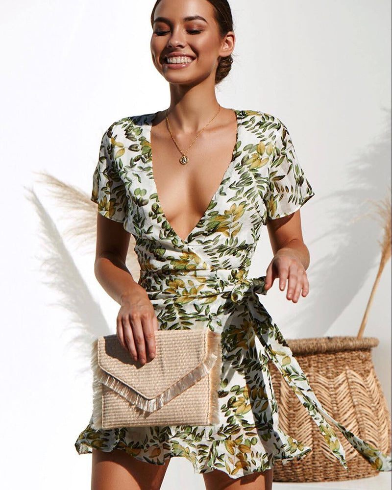 Botanical Print Deep V-Neck Tie-Waist Ruffled Wrap Mini Dress