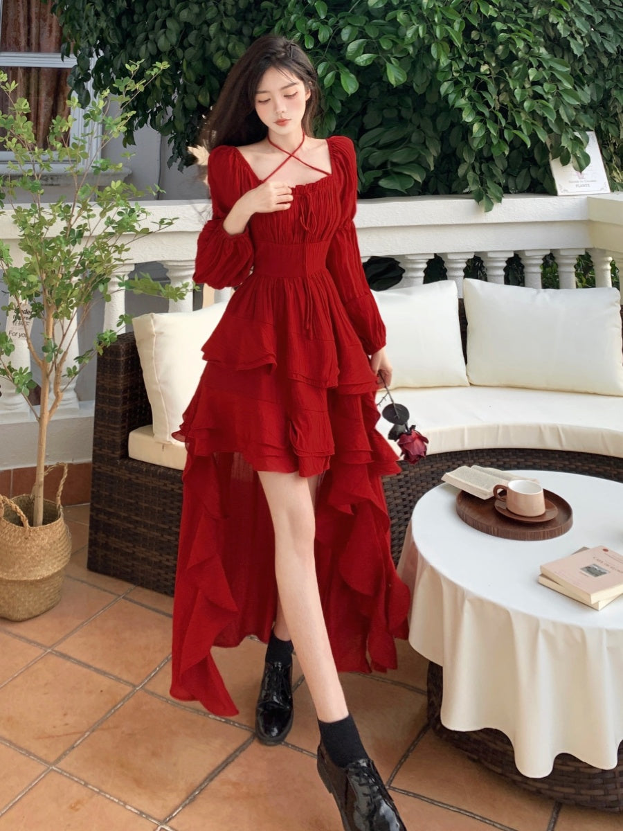 Red Princess-Inspired Lace-Up Gown Plus Size Fit & Flare Statement Dress gunne sax vintage dress