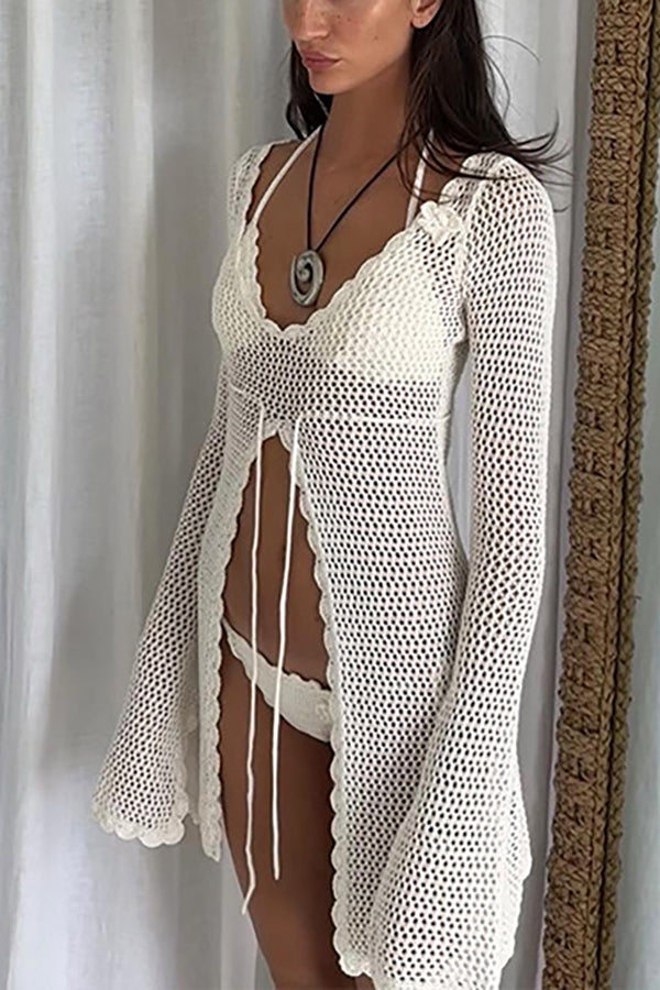 Elegant Knitted Cutout V Neck Lace Up Long Sleeves Cover Ups
