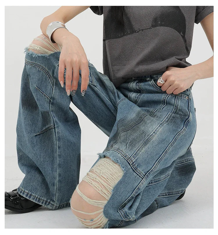 Vintage Distressed And Dirt-Dyed Patchwork Wide-Leg Jeans