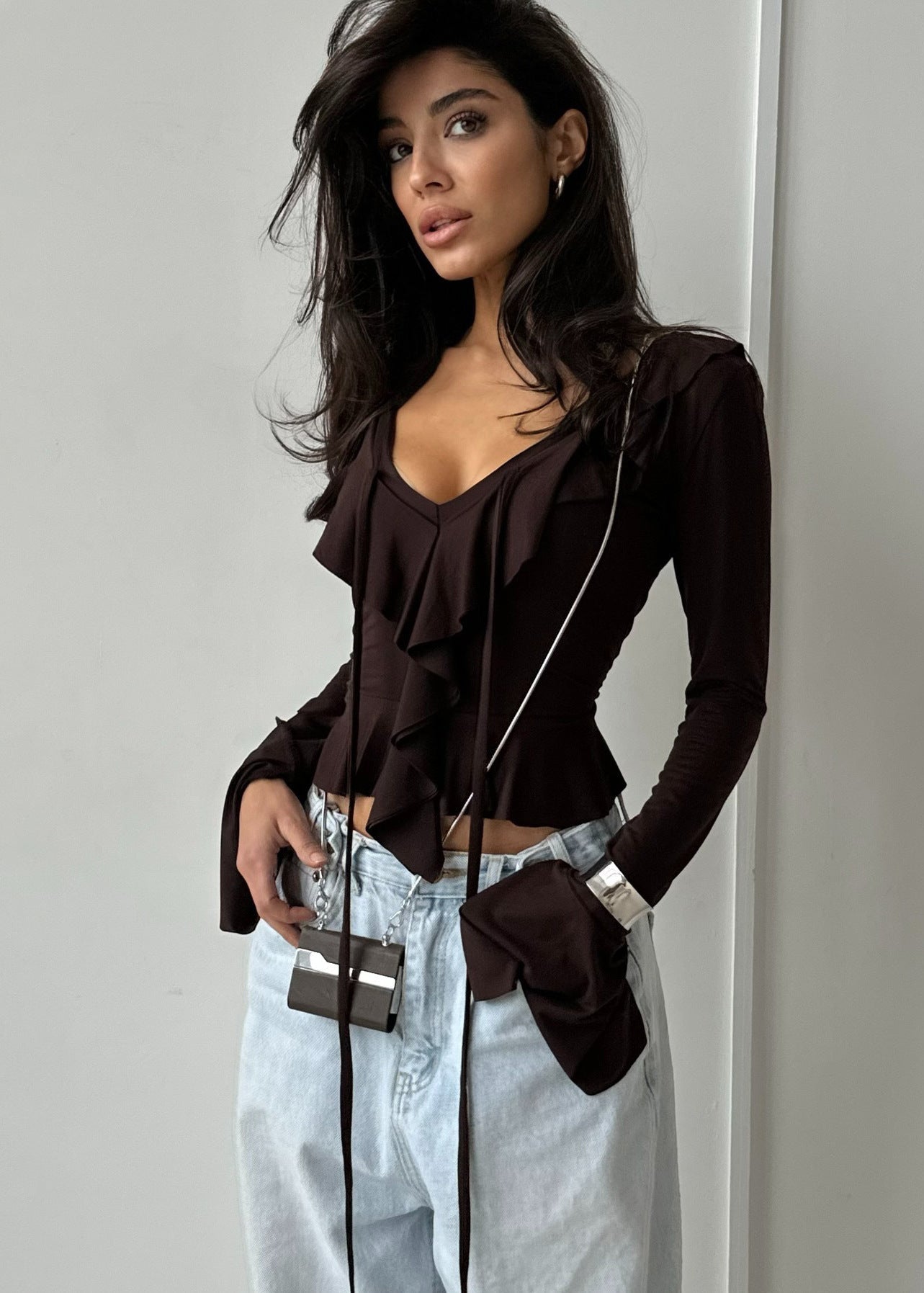 Amaya - Ruffled Tie-Front Long Sleeve Top