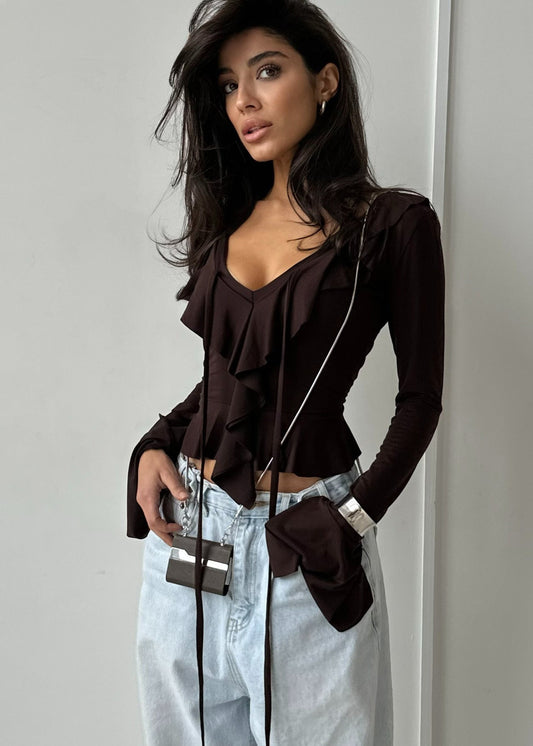 Amaya - Ruffled Tie-Front Long Sleeve Top