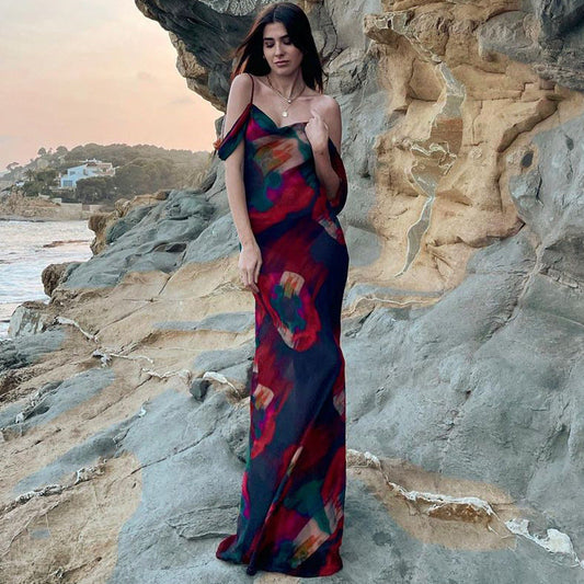 Printed Straps Sleeveless High Waist off-Shoulder Elegant Dress for
