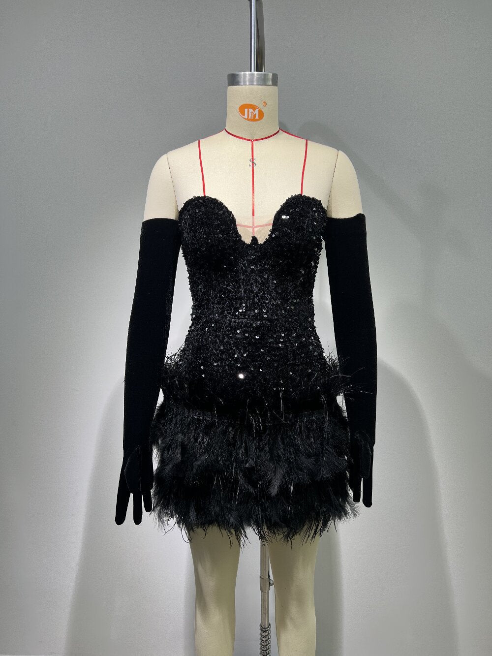Sequin Feather Trim Strapless Sweetheart Bustier Mini Dress