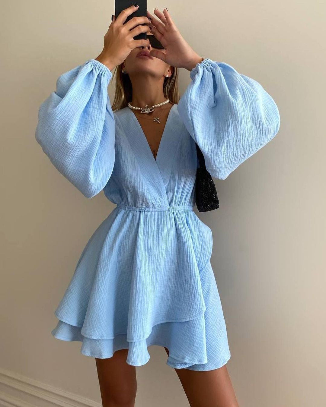 Wrap V-Neck Balloon Sleeve Tiered Ruffle Crinkle Mini Dress
