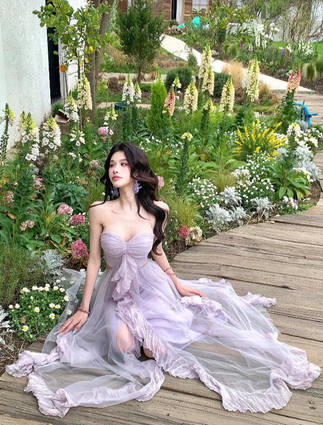 Women's Strapless Purple Tulle Maxi Dress Summer Beach Vacation Outfit