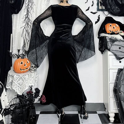 Long flared sleeve spider web slit velvet ruched maxi dress