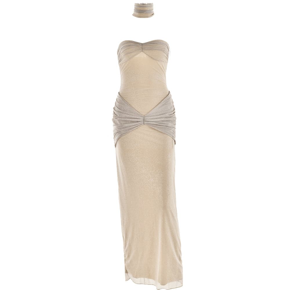 Sweetheart neck glitter ruched 2 piece tube maxi dress