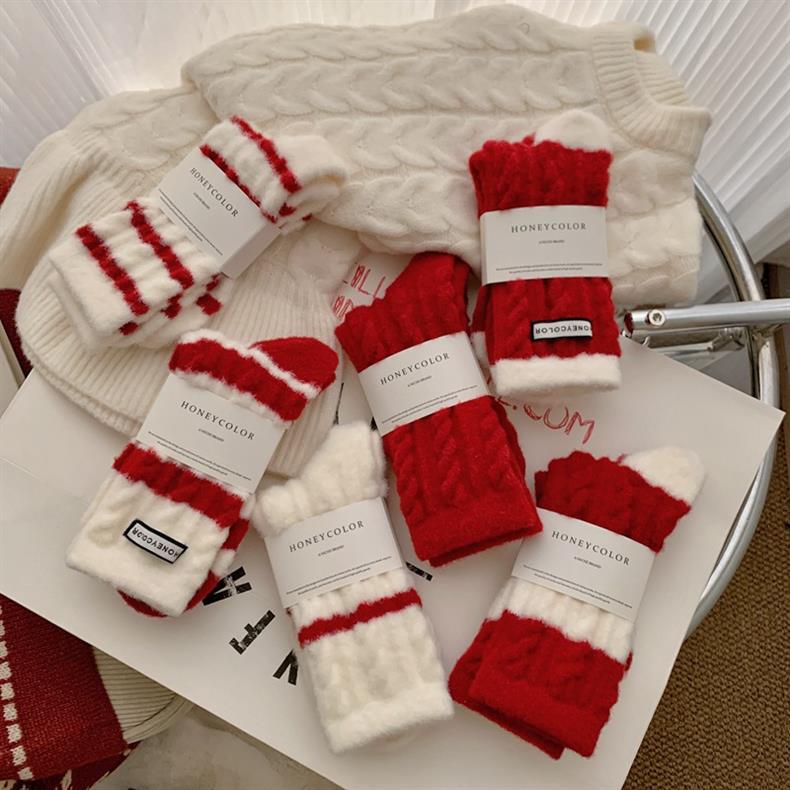 Red Striped Cashmere Blend Warm Mid Calf Socks