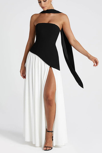 consonak Strapless Back Lace-up High Slit Splice Maxi Dress