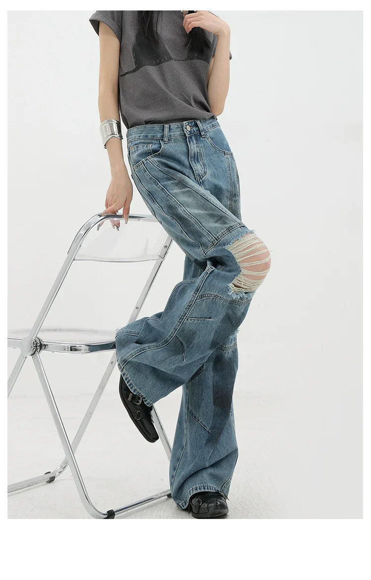 Vintage Distressed And Dirt-Dyed Patchwork Wide-Leg Jeans
