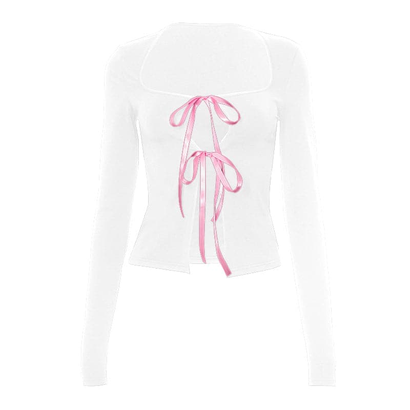 Long sleeve bowknot hollow out ribbon cut out top