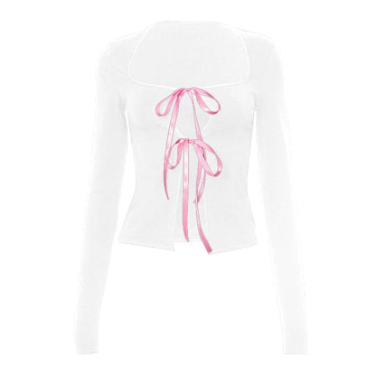 Long sleeve bowknot hollow out ribbon cut out top