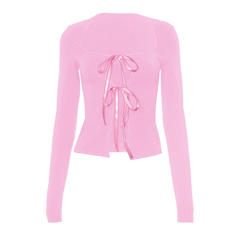 Long sleeve bowknot hollow out ribbon cut out top