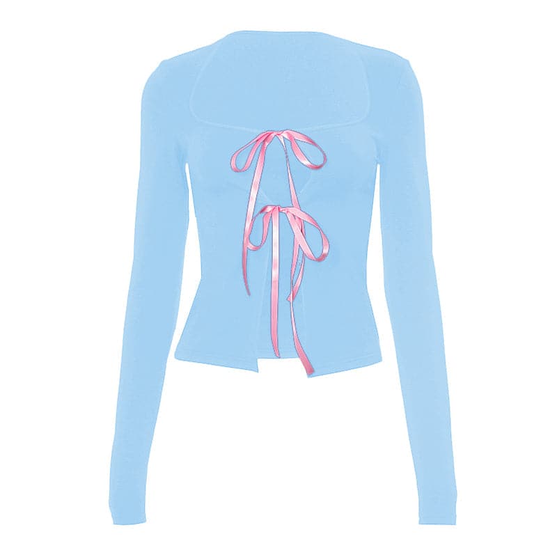 Long sleeve bowknot hollow out ribbon cut out top