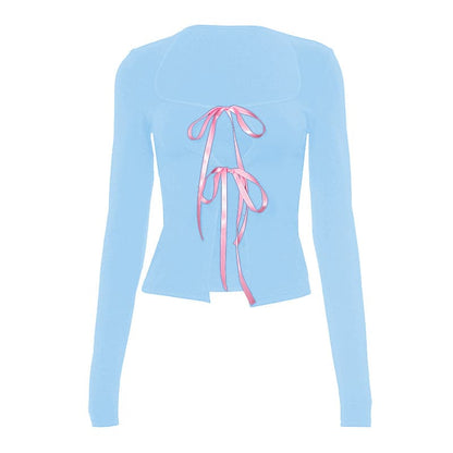 Long sleeve bowknot hollow out ribbon cut out top