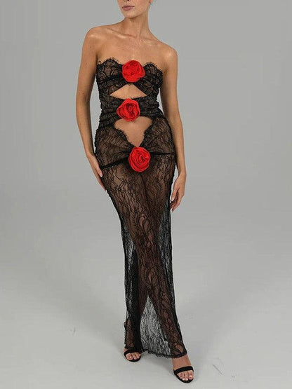 Floral Lace Rose Tube Cutout See through Maxi Dress
