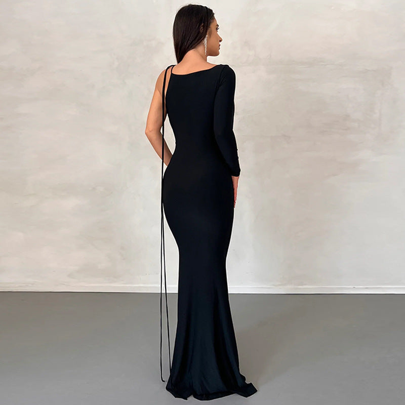 One Shoulder Cowl Neck Asymmetrical Long Sleeve Maxi Dress