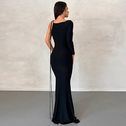 One Shoulder Cowl Neck Asymmetrical Long Sleeve Maxi Dress