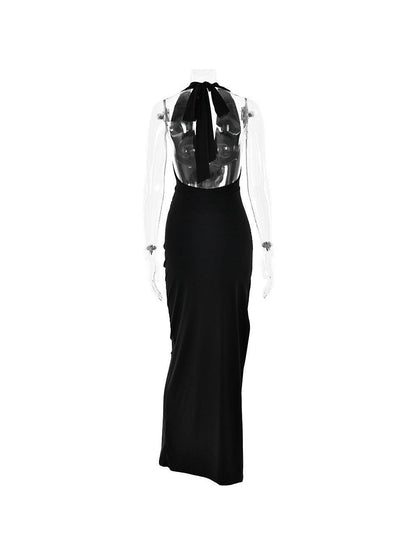 V Halter Neck Backless Split Dress