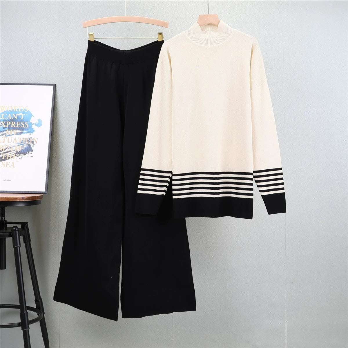 Black - Striped Half-Turtleneck Sweater Two Piece Set