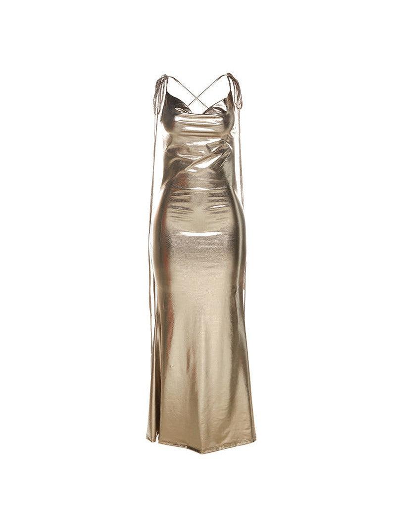 Metallic Coated Deep Neck Backless Evening Dress