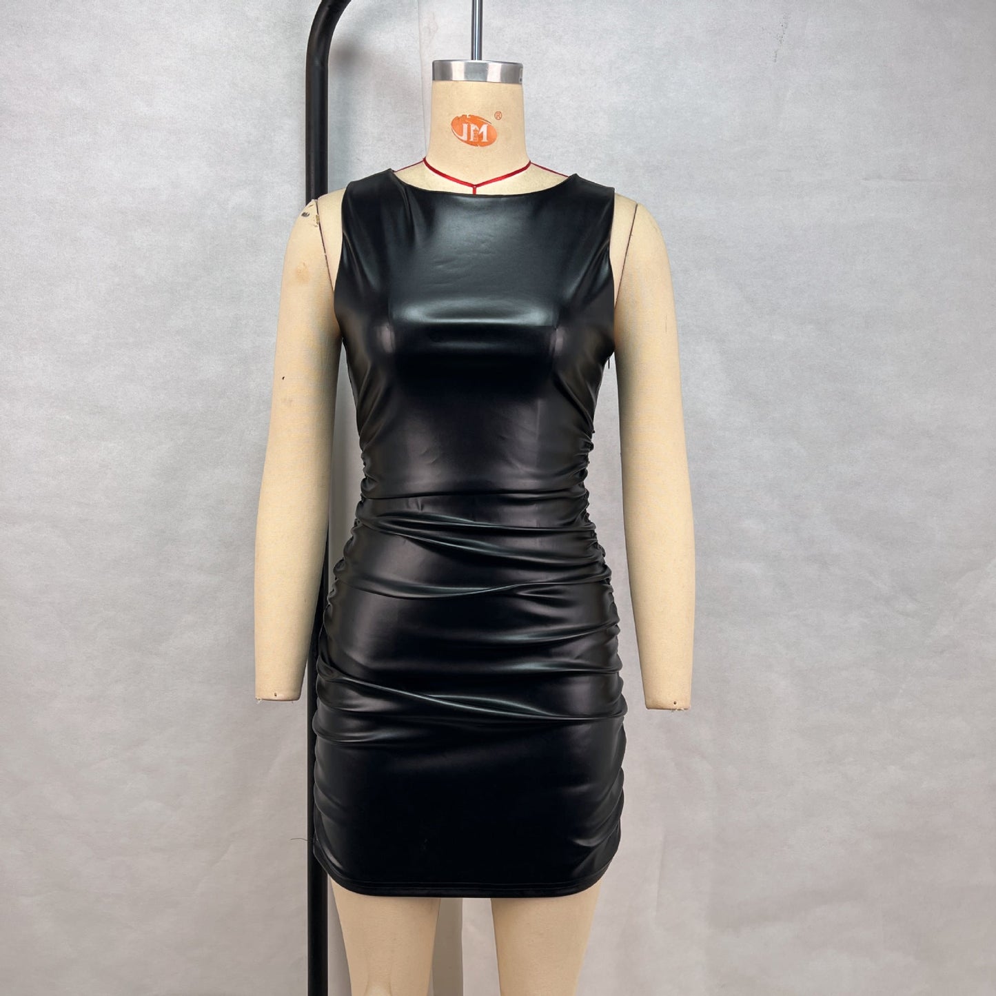 High Neck Sleeveless Ruched Faux Leather Bodycon Mini Dress