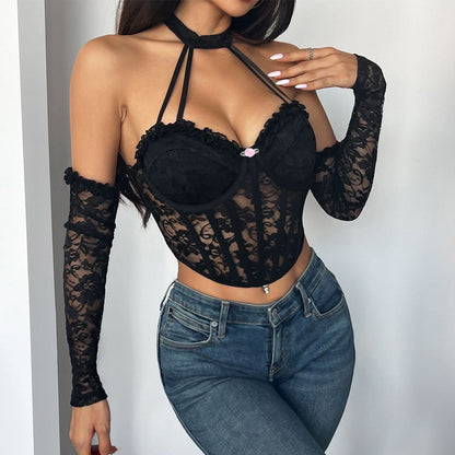 Halter lace corset ruffle flower applique top